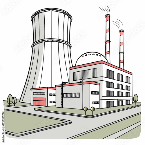 A nuclear power plant with a large cooling tower and smokestacks emitting steam