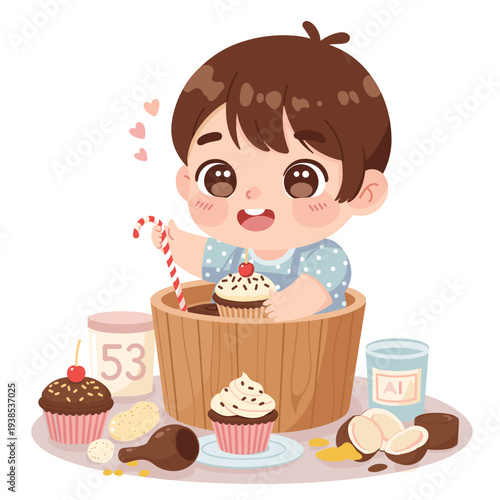 A cute cartoon boy is happily surrounded by delicious cupcakes, candy, and nuts, enjoying a sweet treat.