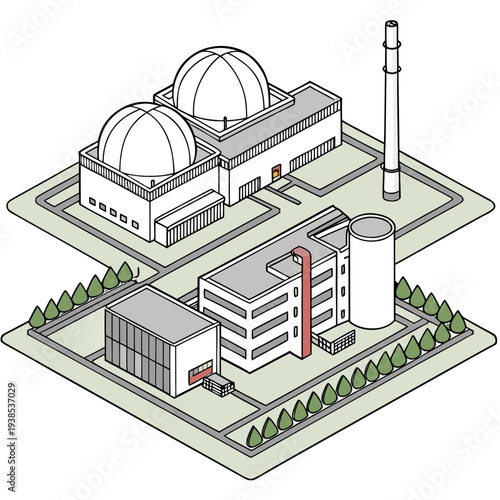 Isometric illustration of a nuclear power plant with domes and cooling tower