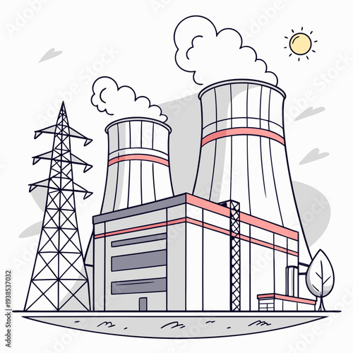 A nuclear power plant with cooling towers emitting steam into the atmosphere on a sunny day with a transmission tower nearby