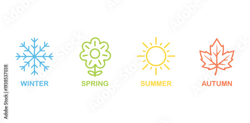 Four seasons icon Vector illustrations set, 4 seasons graphic element representing winter symbol,
autumn, sun, Snowflake, flower, signs, Autumn Leaves Abstract Seasonal Background Vector