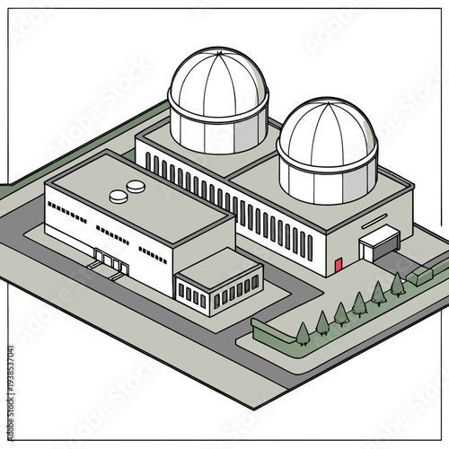 An isometric illustration of a large building with two domes on the roof, likely used for astronomical observations or research purposes in a scientific facility setting