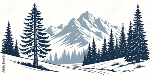 Majestic snow-covered mountains with dense forest in the foreground Vector