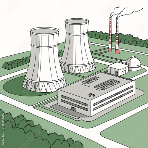 Nuclear power plant with cooling towers and smokestacks emitting steam