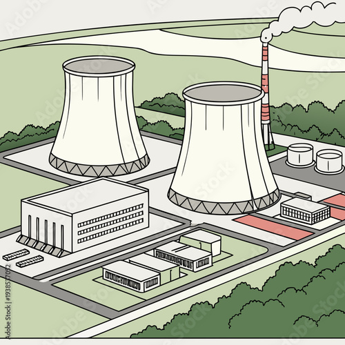 A nuclear power plant with two cooling towers and a smokestack emitting smoke, surrounded by trees and buildings on a green landscape