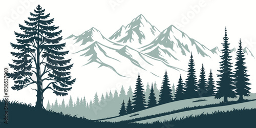 A serene mountain landscape with snow-covered peaks and a forest of pine trees Vector