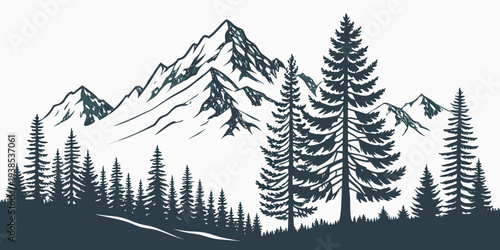 Majestic mountains covered in snow with a dense forest of pine trees below Vector