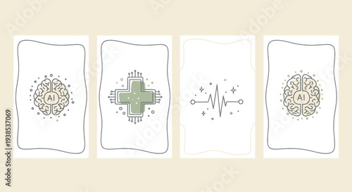 AI Brain, Medical Cross, Heartbeat Line, AI Brain - Medical Technology Icons
