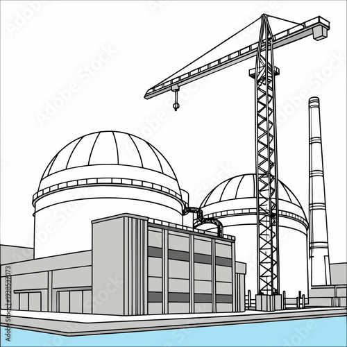 A black and white line drawing of a nuclear power plant with a crane