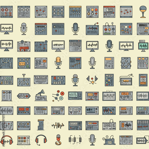 A comprehensive collection of colorful flat design icons representing various audio recording, mixing, and music production equipment and tools.