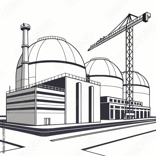 A black and white illustration of a nuclear power plant with a crane on a for construction or industrial purposes