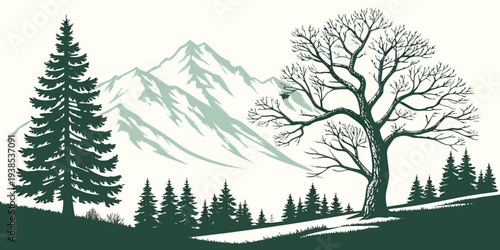 A serene landscape featuring a large tree and a majestic mountain range Vector