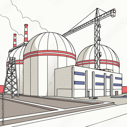 A nuclear power plant with cooling towers and a construction crane on a with red and blue accents