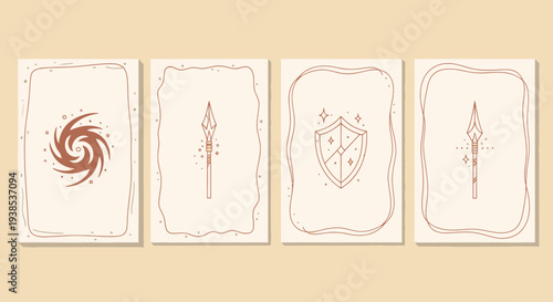 Esoteric Symbols Set: Spiral, Spear, Shield, Magic Wand on Vintage Cards