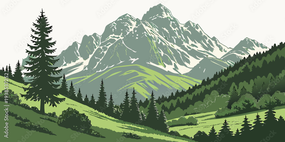 Fototapeta premium A serene mountain landscape with lush greenery and a winding path Vector
