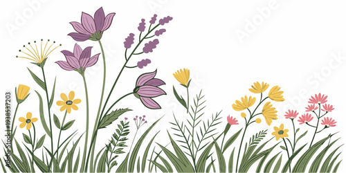 A vibrant illustration of wildflowers blooming in a lush green meadow. Vector