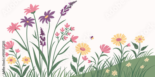 A vibrant and colorful illustration of various flowers in full bloom. Vector