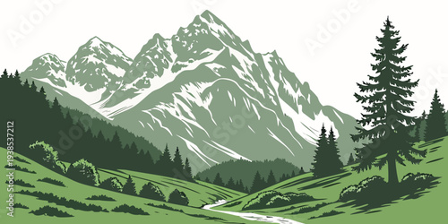 Majestic snow-capped mountains rise above a lush green valley in a serene landscape. Vector