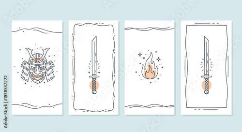 Samurai Mask, Sword, and Fire Icons - Minimalist Outline Art for Japanese Culture