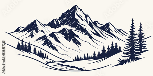 Majestic mountain range with snow-capped peaks and evergreen trees Vector