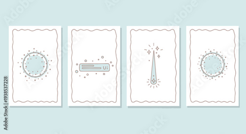 Celestial Icons: Moon, Star, Comet, and Sun Designs on White Cards