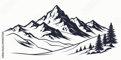 Majestic mountain range with snow-capped peaks and dense forest at the base Vector