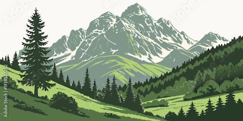 A serene mountain landscape with lush greenery and a winding path Vector