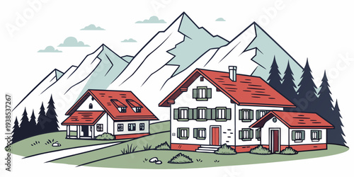 A charming house nestled in a picturesque mountain landscape with a river flowing nearby Vector