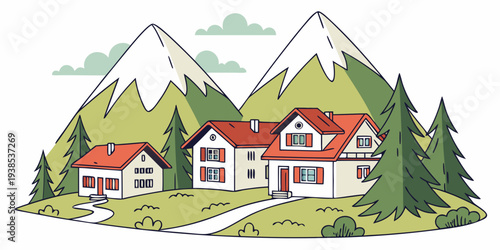 A serene mountain landscape with charming houses and lush greenery Vector