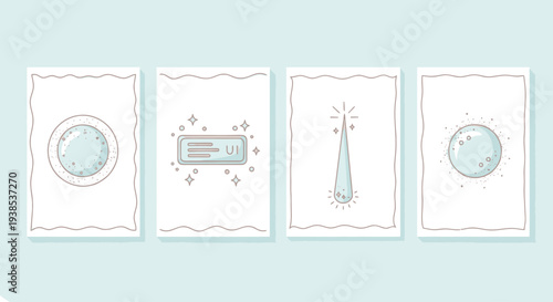 Set of 4 illustrated cards with moons, stars, and a shooting star