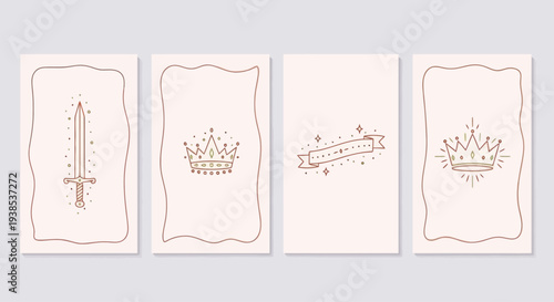 Hand-drawn royal icons: sword, crown, banner on beige background