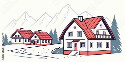 A picturesque winter scene of houses nestled among snow-covered trees Vector
