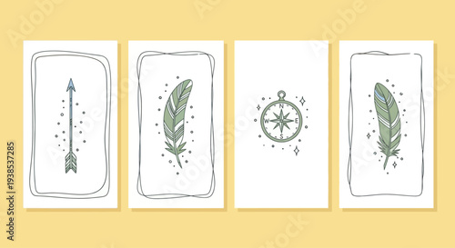 Boho Hand-Drawn Icons: Arrow, Feathers, Compass - Vintage Travel & Adventure Graphics