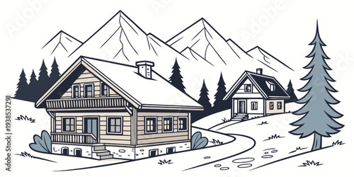 A serene mountain landscape with a charming cabin and scenic surroundings Vector