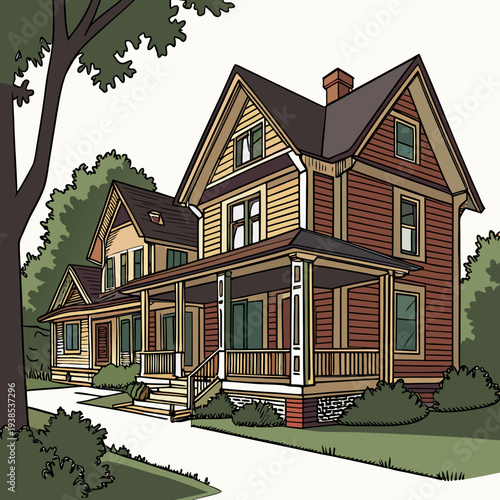 A charming twostory house with a large porch and a tree in the front yard