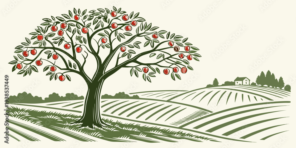 Obraz premium A serene landscape featuring a solitary tree amidst rolling green hills. Vector