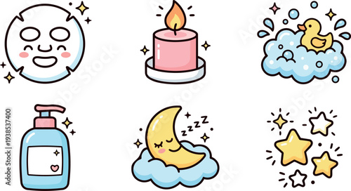 Whimsical kids doodle flat vector six bath and bedtime care icons showing smiling sheet mask candle duck soap moon stars