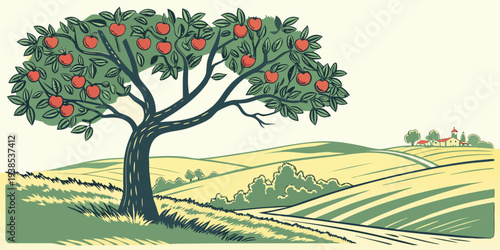 A serene landscape featuring a solitary tree standing tall amidst a vast, open field Vector