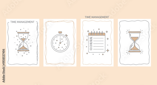Time Management Concept: Hourglass, Stopwatch, Checklist & Calendar Icons