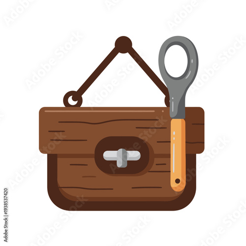 A brown wooden bag with a metal clasp and a bottle opener hanging from it.
