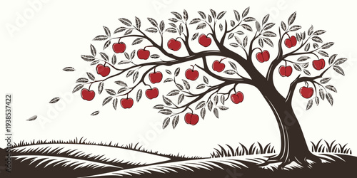 A beautiful tree with red leaves and birds in a serene landscape setting Vector