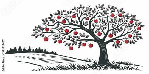 A vibrant tree with red leaves stands tall in a serene landscape Vector