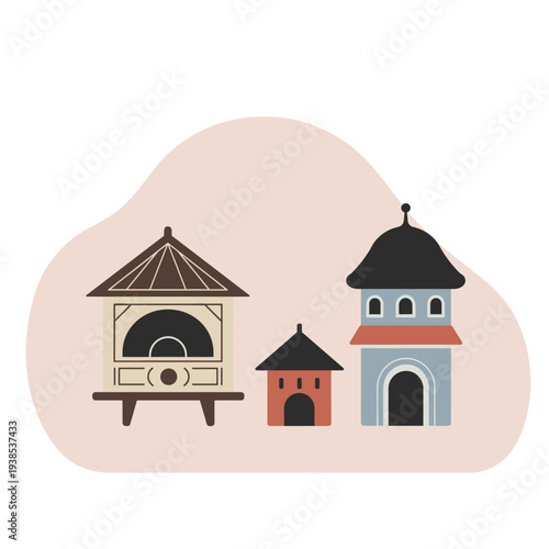 A minimalist illustration of three distinct, stylized buildings with unique architectural designs against a soft, abstract background.