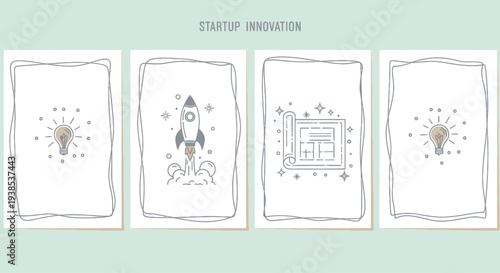 Startup Innovation: Lightbulb, Rocket, Blueprint - Business Idea Concept