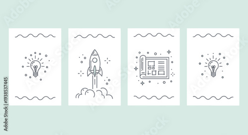 Innovation Concept: Startup Rocket Launch, Blueprint, and Lightbulbs