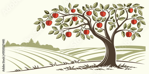 A vibrant tree with red leaves standing in a field of green grass Vector