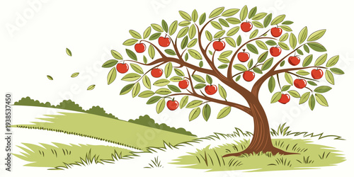 A vibrant tree with colorful leaves standing in a lush green field. Vector