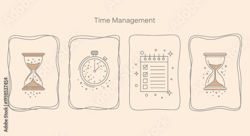 Time Management Icons: Hourglass, Stopwatch, To-Do List, Hourglass