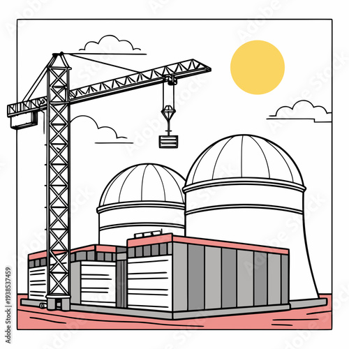 An illustration of a construction site with a crane and domed buildings under a sunny sky with clouds