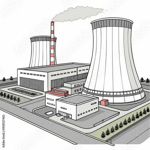 A nuclear power plant with cooling towers and a smokestack emitting smoke